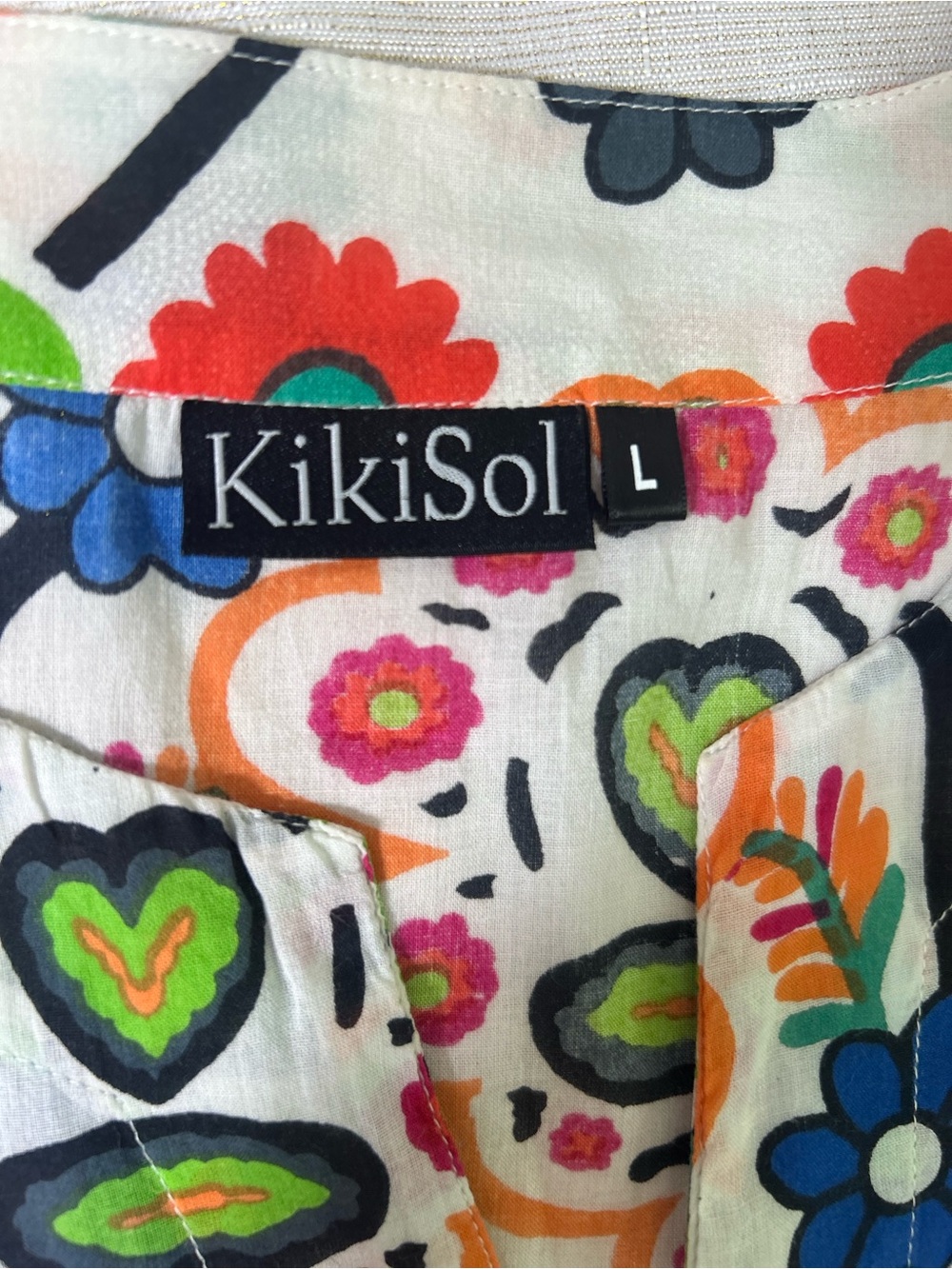 KikiSol V-neck White Multicolor Floral & Bird Print Tunic 100% Cotton Sz. L - Picture 2 of 12